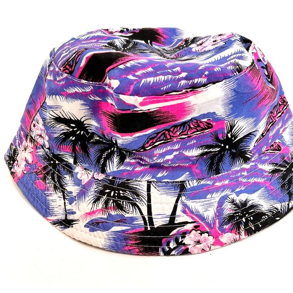 vintage reversible bucket hat Hawaiian palm floral print pink blue tan orange OS - Picture 5 of 5